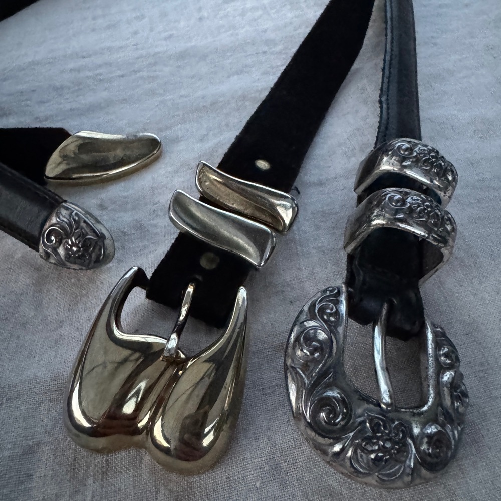 Vintage 2pc Belt Set Black Leather Silver Gold Brass Western Boho Floral 90s Y2K